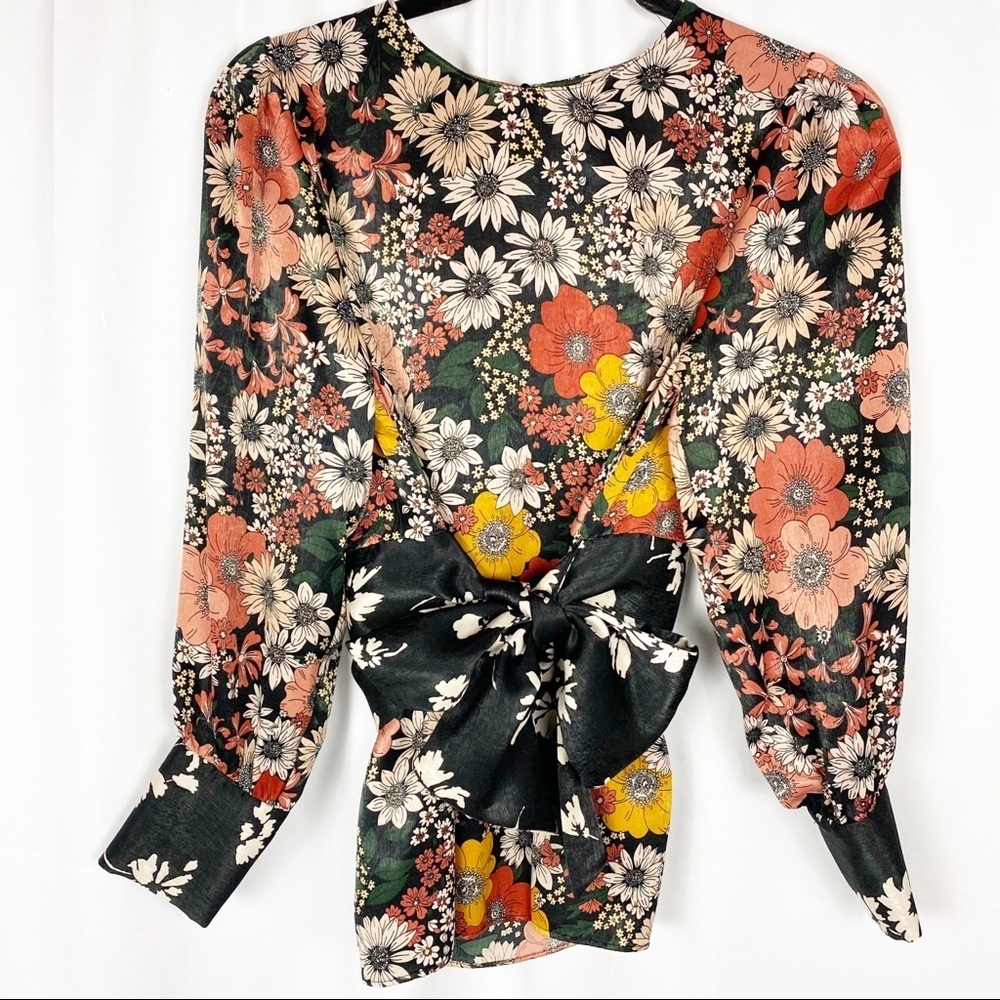 ZARA Floral Long Sleeve Tie Blouse